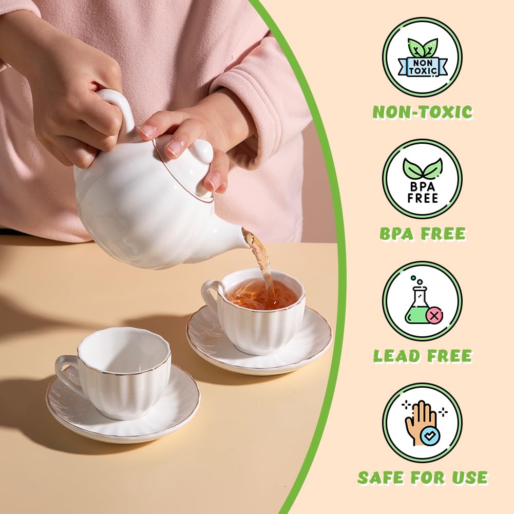 Sweejar Porcelain Tea Set for Little Girls,Kitchen Toys Tea Party Set for Kids Toddler Kitchen Pretend Toy Include Children Teapot, Cup &amp; Saucer Set of 4, Sugar Bowl and Cream Pitcher(Pink)