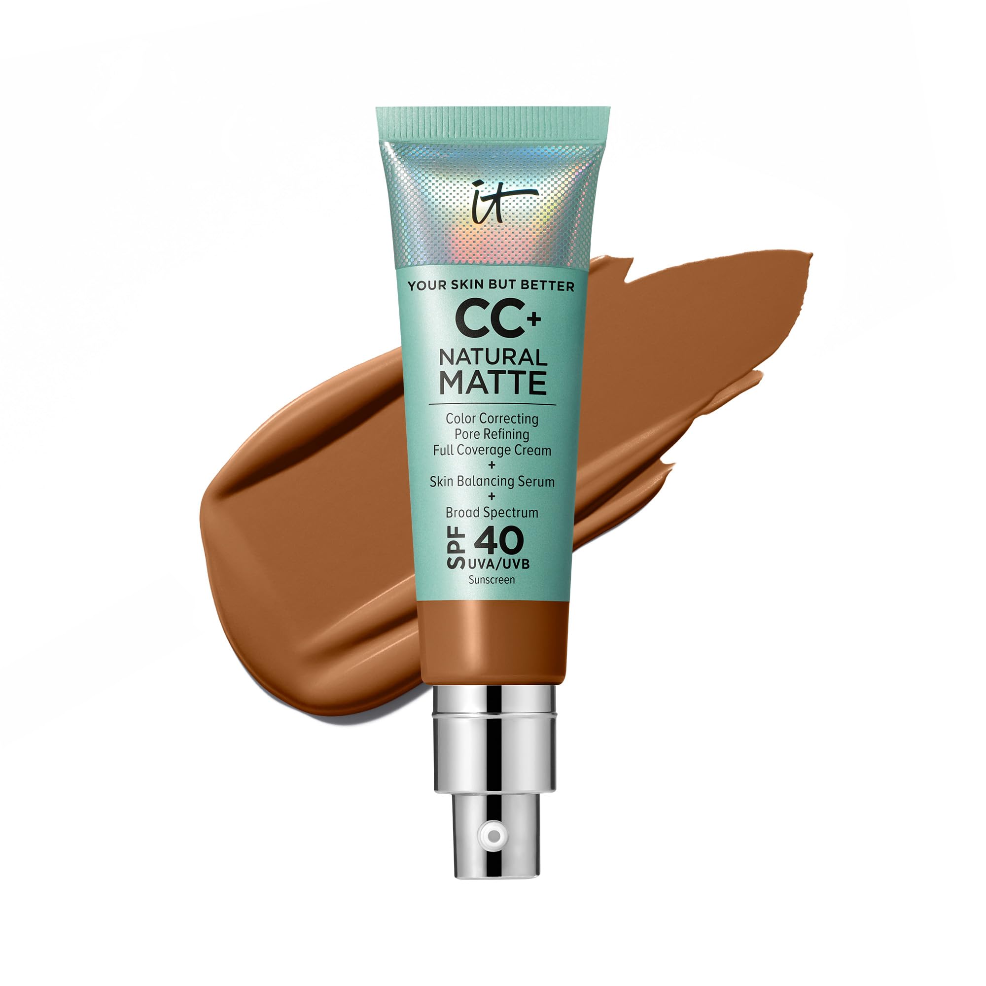 IT Cosmetics CC+ Cream Natural Matte Foundation with SPF 40 - Shine-Reducing &amp; Long-Wear Full Coverage Foundation For Oily Skin - With Hyaluronic Acid - Fragrance Free &amp; Non-Comedogenic - 1.08 fl oz