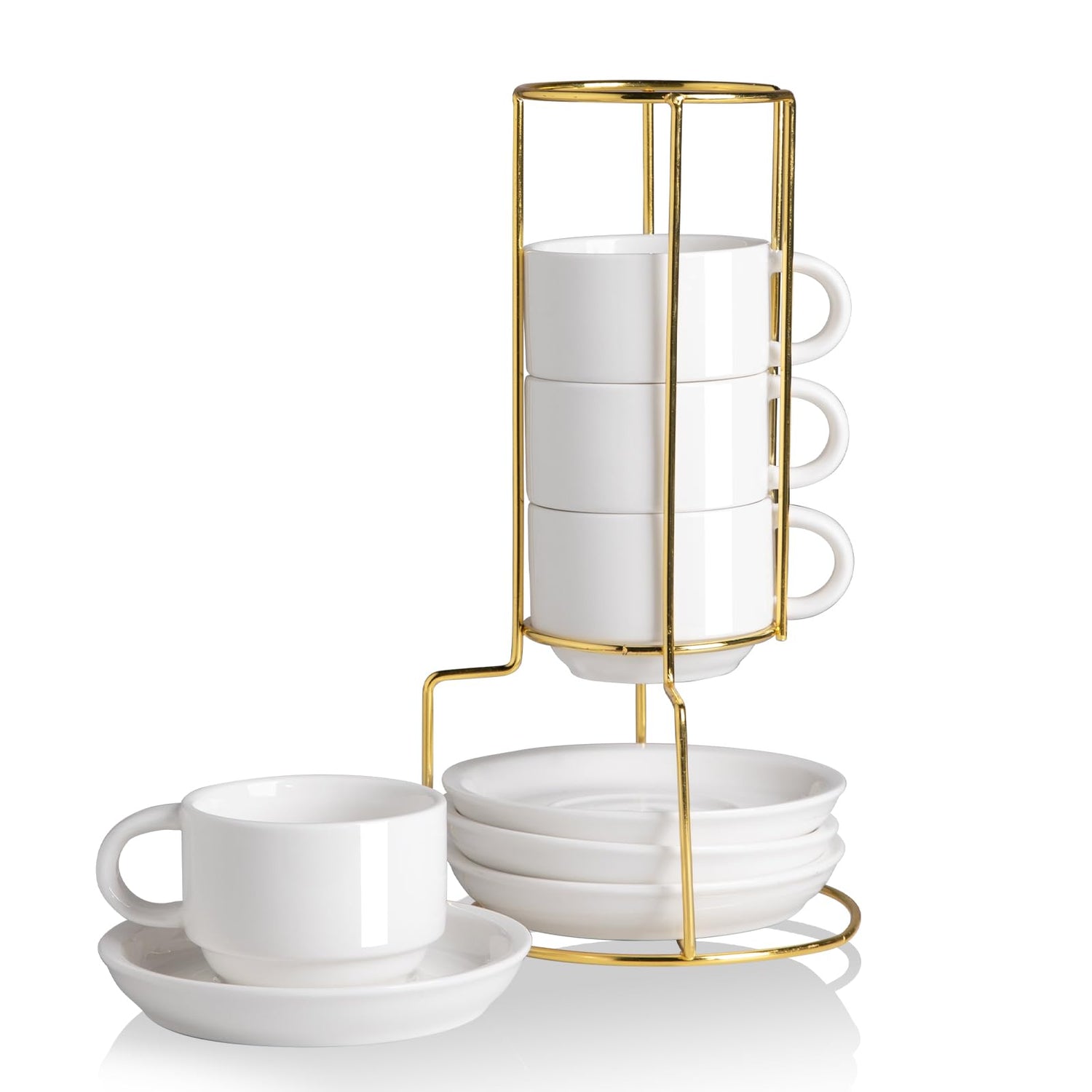 Sweejar Porcelain Espresso Cups with Saucers, 2.5 Ounce Stackable Cappuccino Cups with Metal Stand for Coffee Drinks, Latte, Tea - Set of 4 (Black)