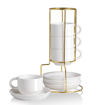 Sweejar Porcelain Espresso Cups with Saucers, 2.5 Ounce Stackable Cappuccino Cups with Metal Stand for Coffee Drinks, Latte, Tea - Set of 4 (Black)