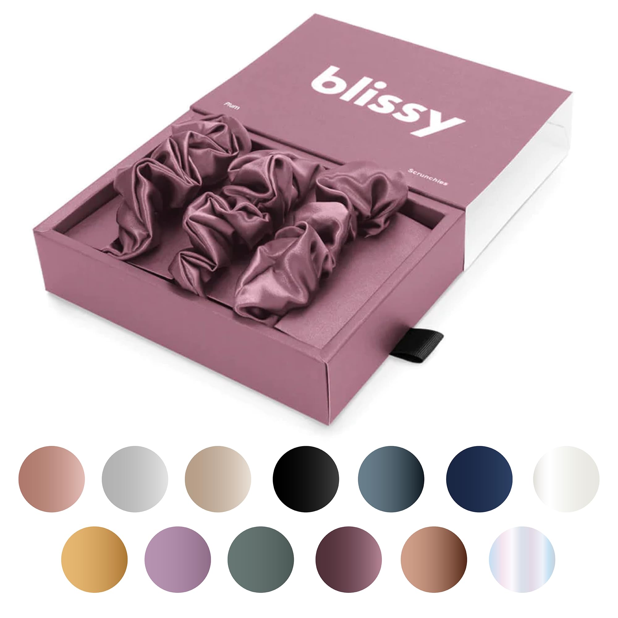 Blissy Silk Scrunchies (3 Pack) - 100% Pure Mulberry Silk - 22 Momme 6A High-Grade Fibers - Silk Scrunchie for Straight &amp; Curly Hair - Preventing Breakage, Tangling, &amp; Creasing (Black Skinny)