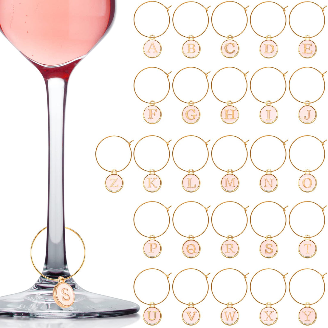 Hicarer 26 Pieces Wine Charms for Stem Glasses with Rings Tags Metal Letters Glass Charm Markers Letters Beads Markers for Wine Cocktail Champagne Party Favors Decorations Family Gathering