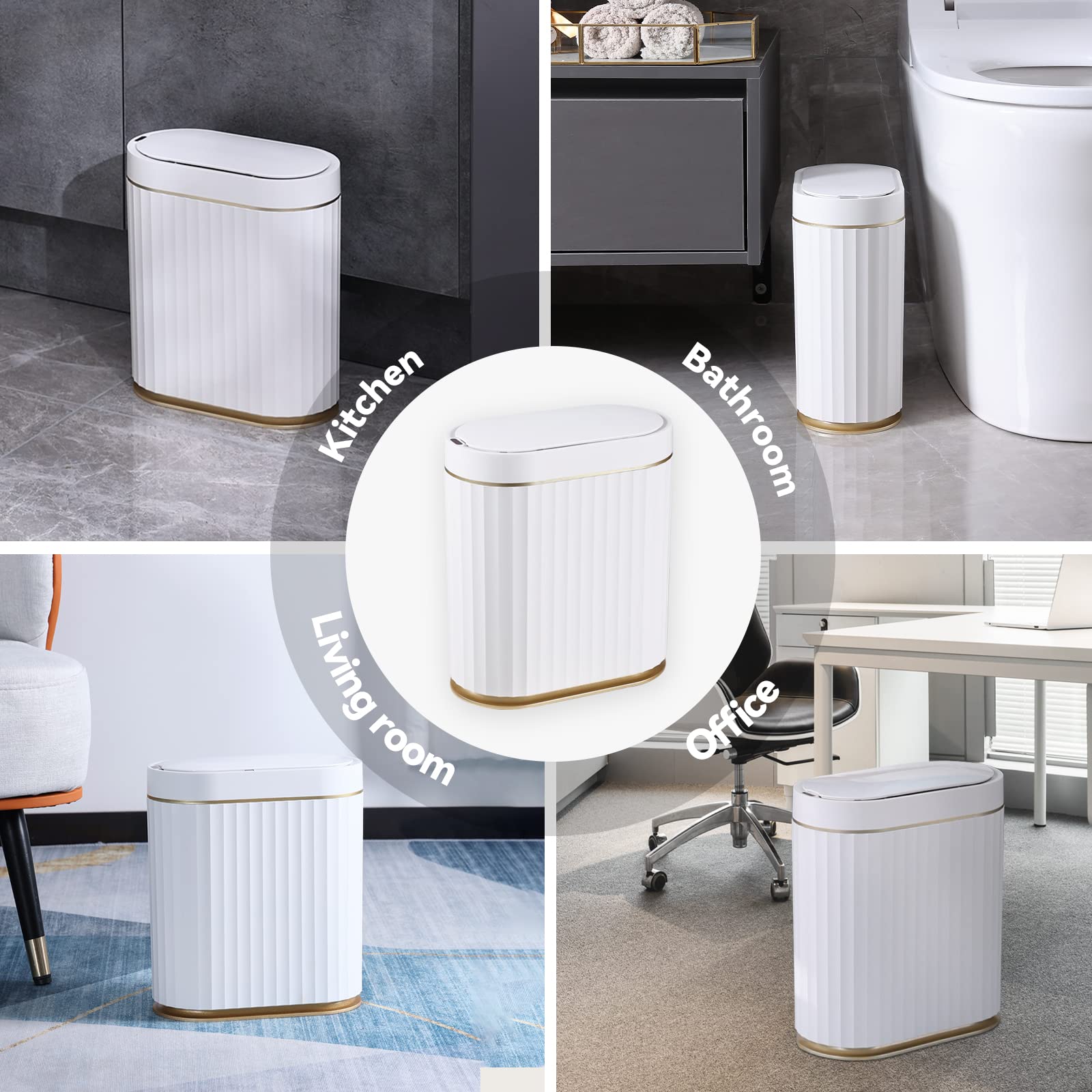 ELPHECO Mini Desktop Trash Can with Lid, Small Slim Automatic Garbage Can, 1.3 Gallon Motion Sensor Countertop Waste Basket for Bedroom, Office, Bathroom, White with Grey Trim