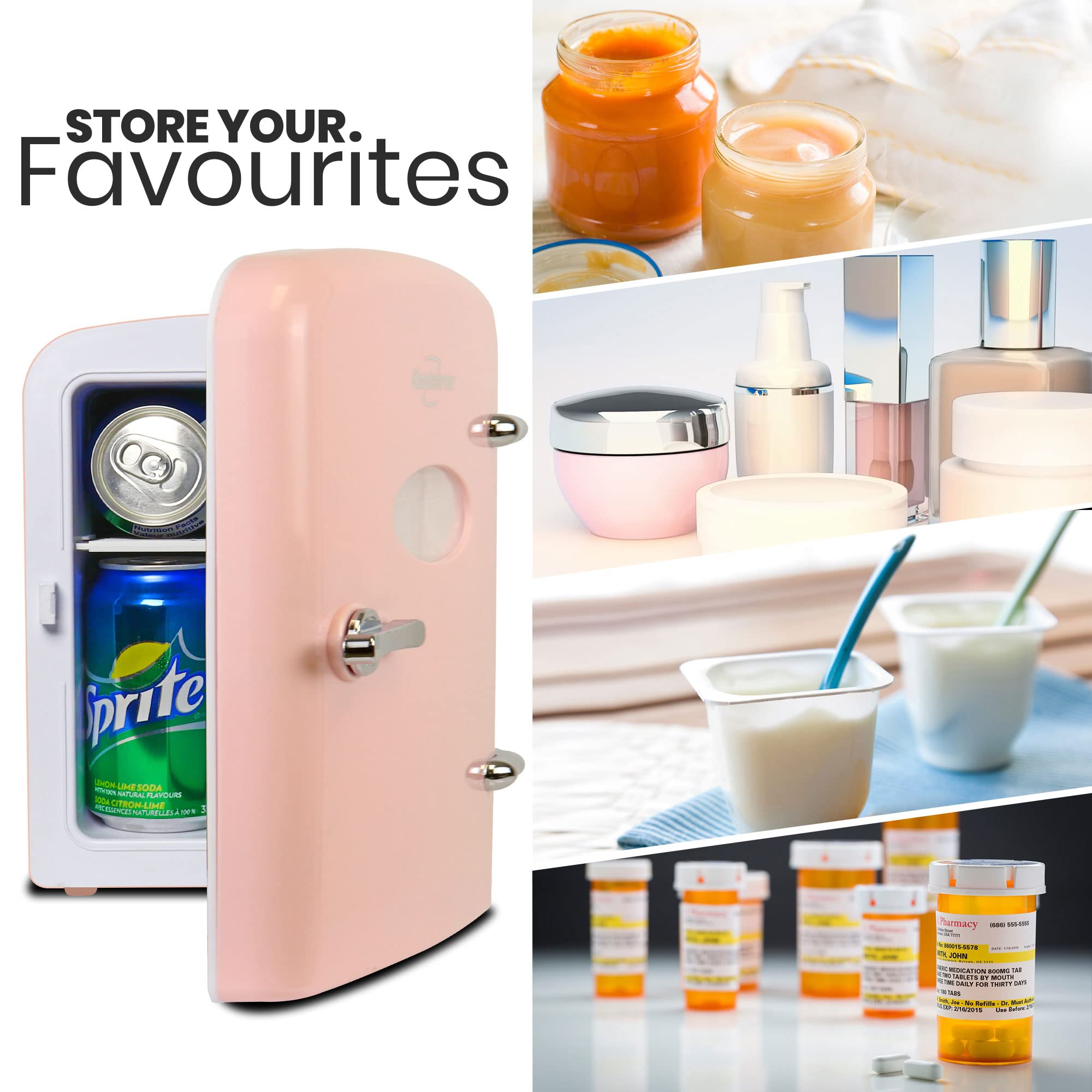 Koolatron Retro Mini Portable Fridge, 4L Compact Refrigerator for Skincare, Beauty Serum, Face Mask, Personal Cooler, Includes 12V Car Adapter, Desktop Accessory for Home Office Dorm Travel, Pink