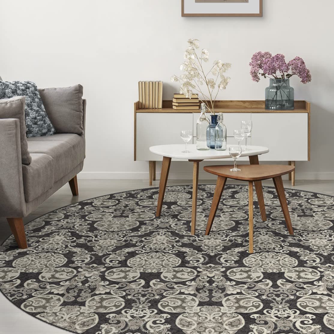 RUGGABLE Disney Traditional Mickey Mouse Washable Rug - Perfect Area Rug for Nursery Playroom Kids Room - Pet &amp; Child Friendly - Stain &amp; Water Resistant - Damask Grey 3&