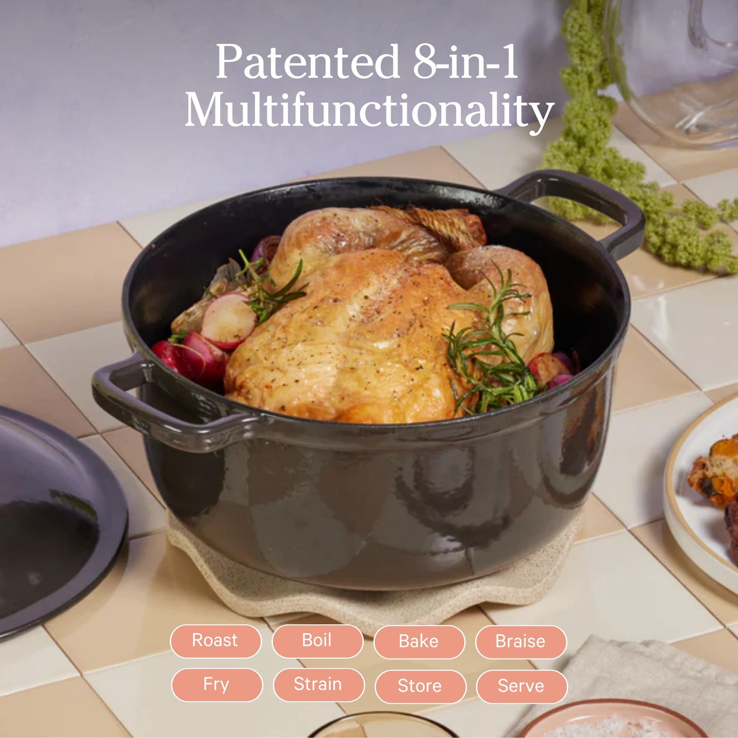 Our Place Cast Iron Perfect Pot | 6-in-1 Multifunctional 5.5 Qt. Toxin-Free Enameled Dutch Oven with Self-Basting Lid | Hot Grips &amp; Beechwood Scraper | Induction Cooktop and Oven Safe | Spice