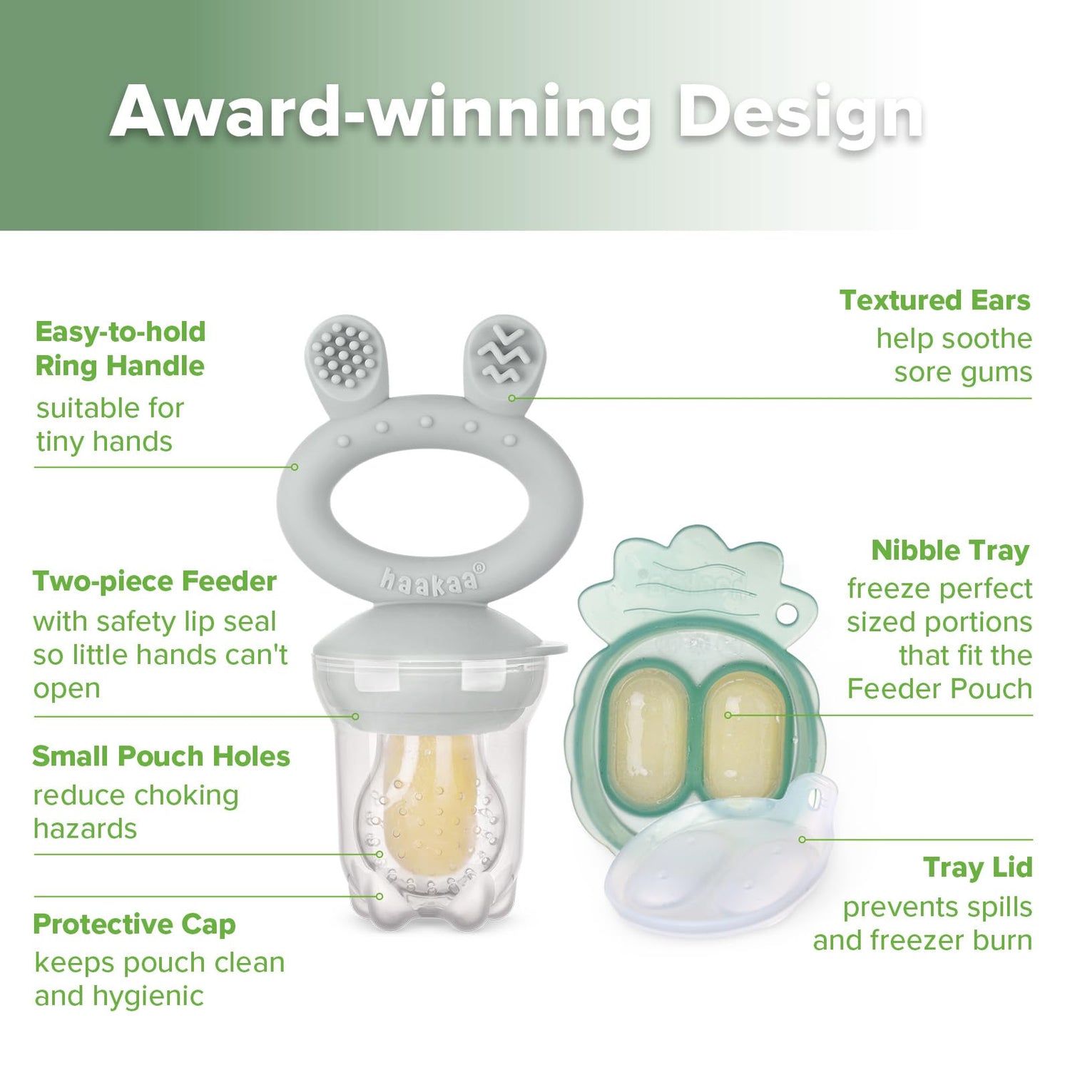 Haakaa Baby Fruit Food Feeder &amp; Mini Freezer Nibble Tray Combo, Breastmilk Popsicle Molds for Cooling Relief, BPA Free Silicone Feeder for Safe Infant Self Feeding, 4 Month+ (Pea Green)