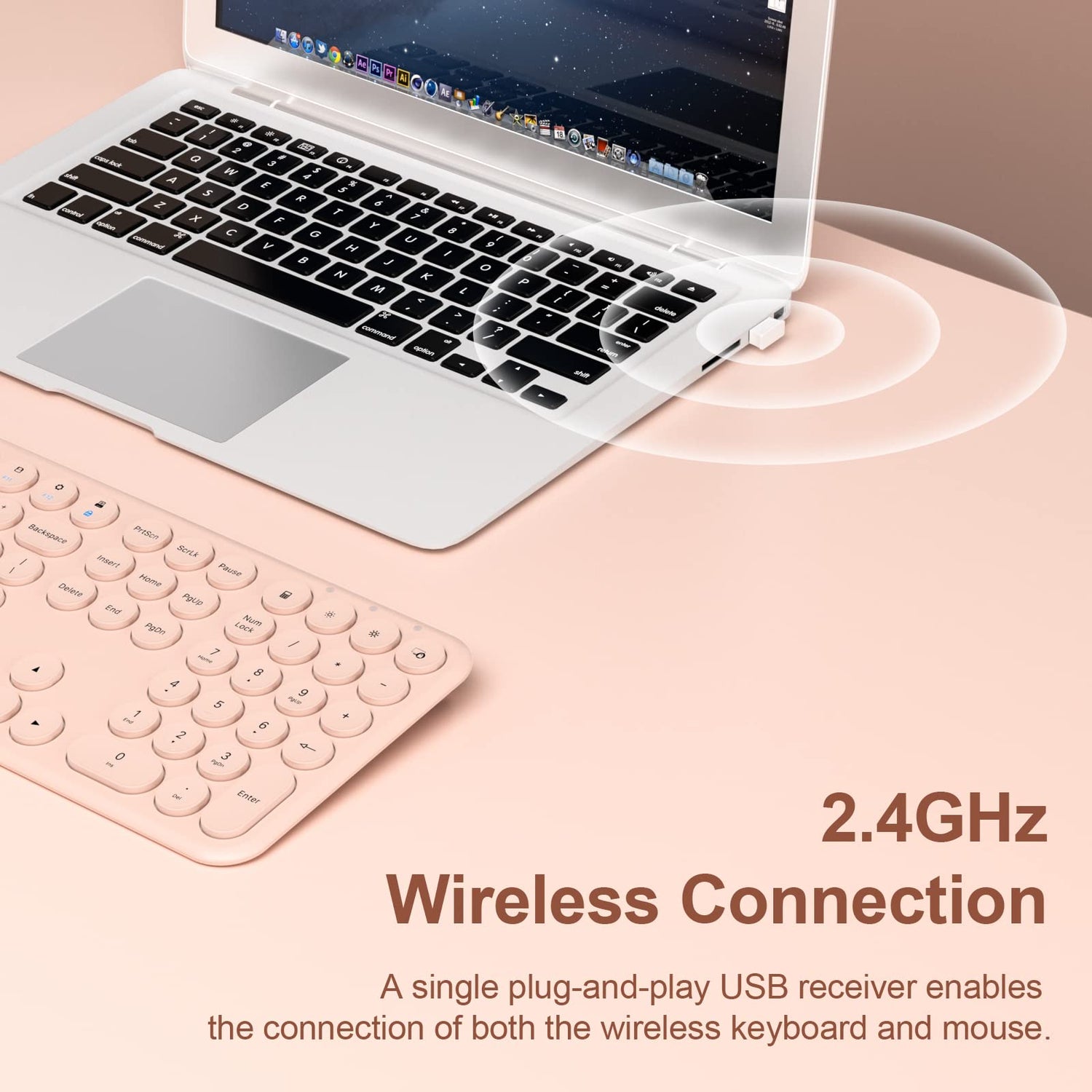 Wireless Keyboard and Mouse, XTREMTEC Cute Keyboard Retro Round Keycap - 2.4GHz Ultra-Slim Quiet Aesthetic Keyboard for Mac Computer Laptop PC Desktops (Rosegold)