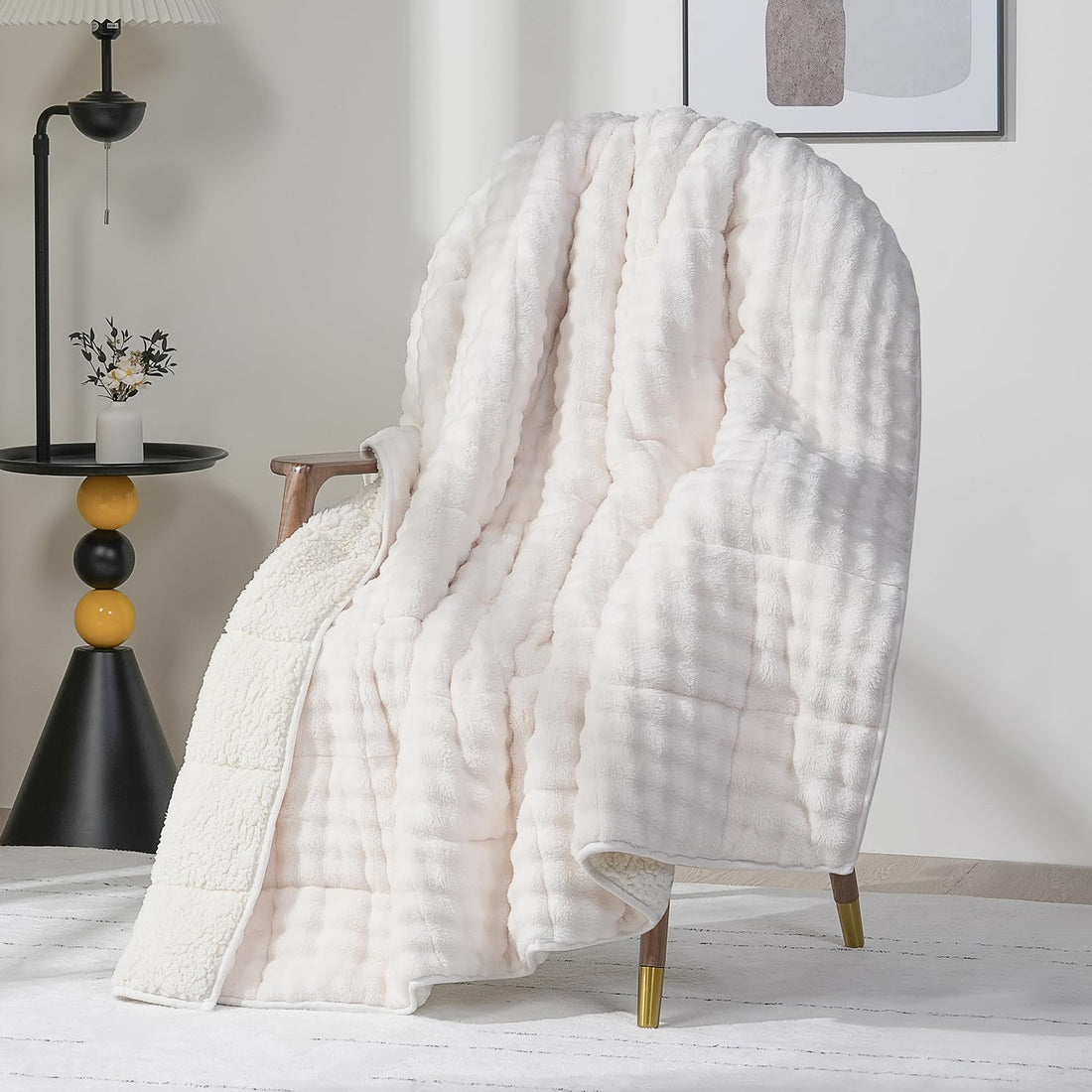 Cottonblue Weighted Blanket 15lbs Bubble Faux Fur Plush Sherpa Weighted Blankets for Adults, Fits Queen Size Bed, Cute Fuzzy Warm Heavy Blanket for Calm and Better Sleep, 60&quot;x80&quot;, Cream White