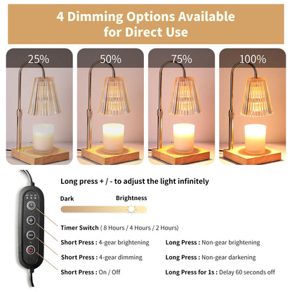 Candle Warmer Lamp with Dimmer, Electric Candle Warmer for Jar Candles, Bedroom Home Decor, 2H/4H/8H Timer Adjustable Height with 2 Bulbs, (Amber)