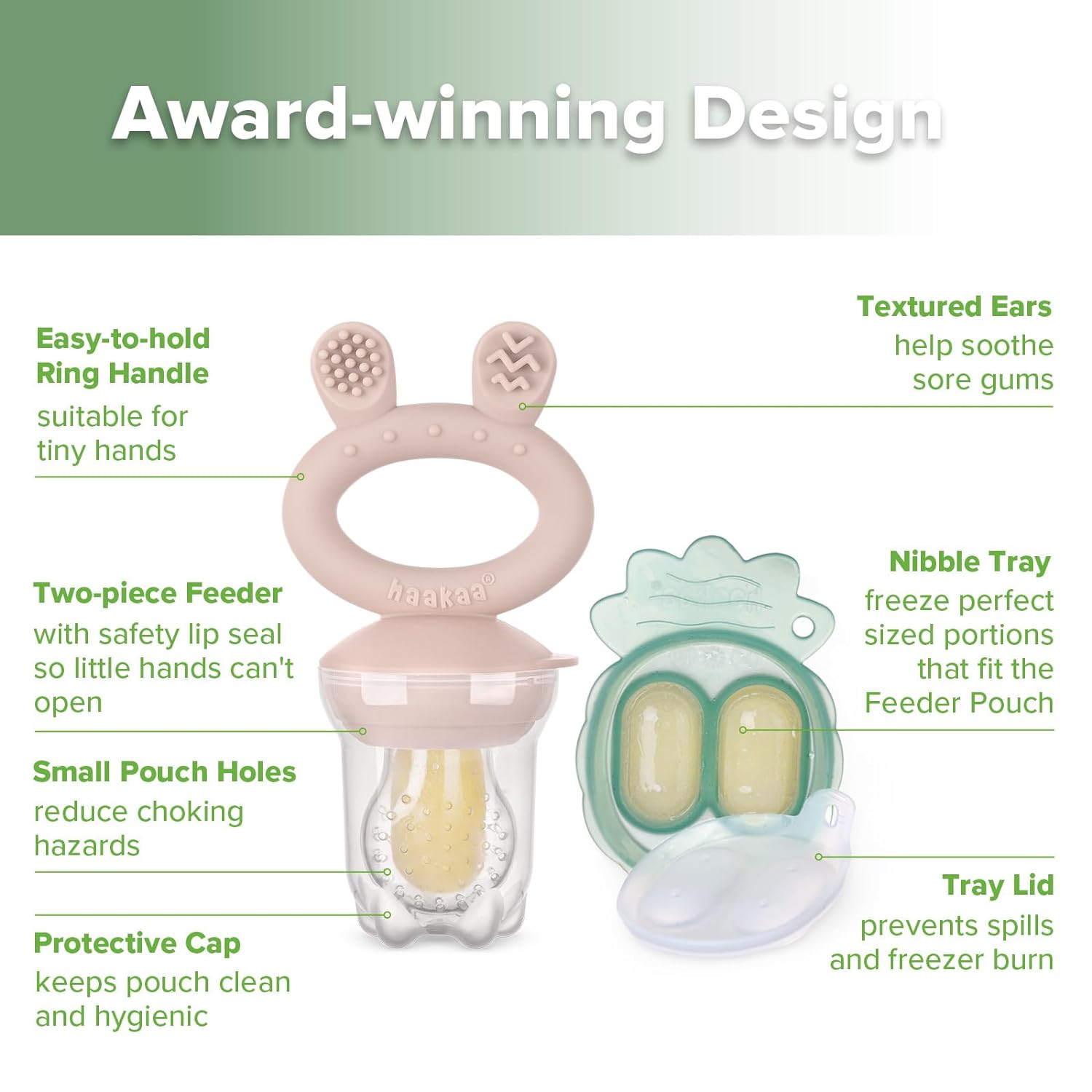 Haakaa Baby Fruit Food Feeder &amp; Mini Freezer Nibble Tray Combo, Breastmilk Popsicle Molds for Cooling Relief, BPA Free Silicone Feeder for Safe Infant Self Feeding, 4 Month+ (Pea Green)