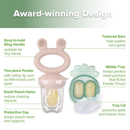 Haakaa Baby Fruit Food Feeder &amp; Mini Freezer Nibble Tray Combo, Breastmilk Popsicle Molds for Cooling Relief, BPA Free Silicone Feeder for Safe Infant Self Feeding, 4 Month+ (Pea Green)