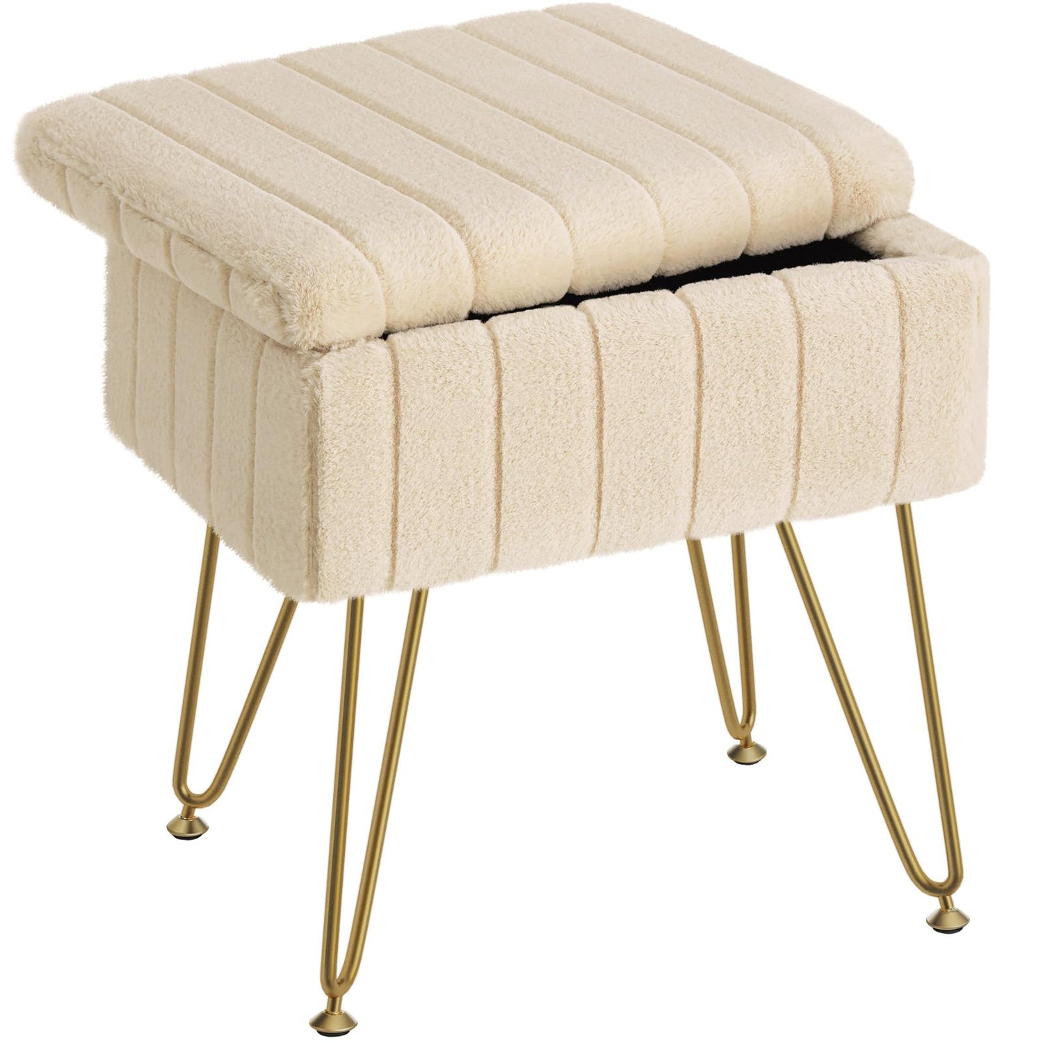 Greenstell Vanity Stool Chair Faux Fur with Storage, 19.4&quot; H x 15.7&quot; L x 11.8&quot; W Soft Ottoman 4 Metal Legs with Anti-Slip Feet, Furry Padded Seat, Modern Multifunctional Chairs for Makeup, Bedroom