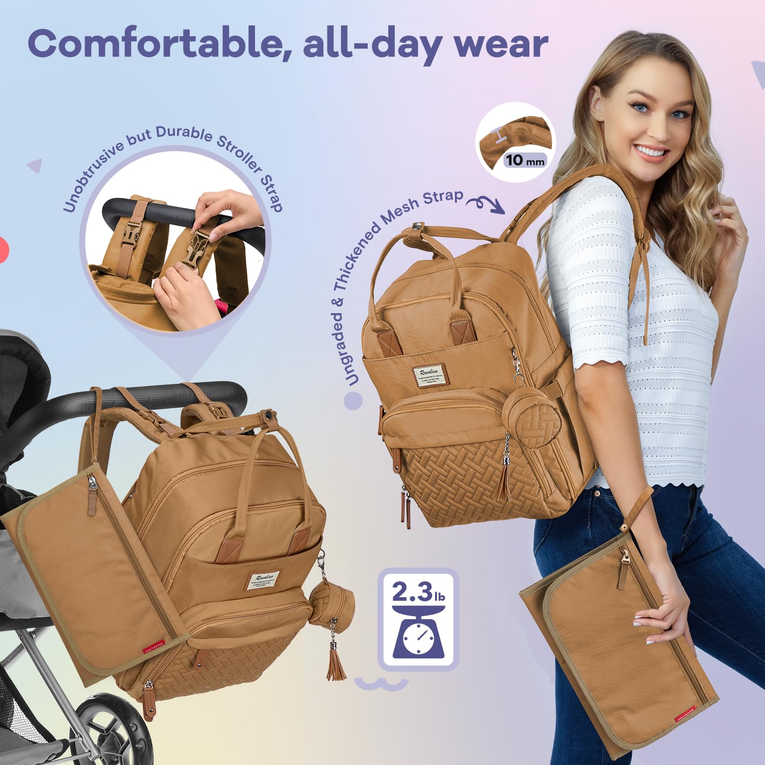 RUVALINO Diaper Bag Backpack, Multifunction Travel Pack Maternity Baby Changing Bags, Large Capacity, Waterproof, Beige