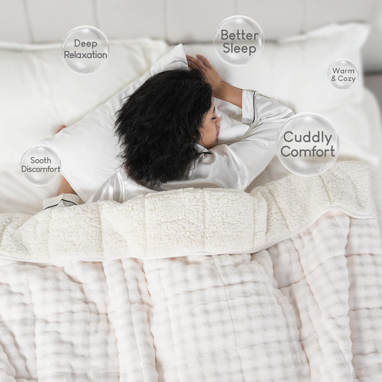 Cottonblue Weighted Blanket 15lbs Bubble Faux Fur Plush Sherpa Weighted Blankets for Adults, Fits Queen Size Bed, Cute Fuzzy Warm Heavy Blanket for Calm and Better Sleep, 60&quot;x80&quot;, Cream White