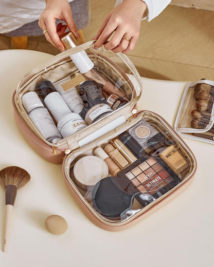 EACHY Travel Makeup Bag,Large Capacity Cosmetic Bags for Women,Waterproof Portable Pouch Open Flat Toiletry Bag Make up Organizer with Divider and Handle