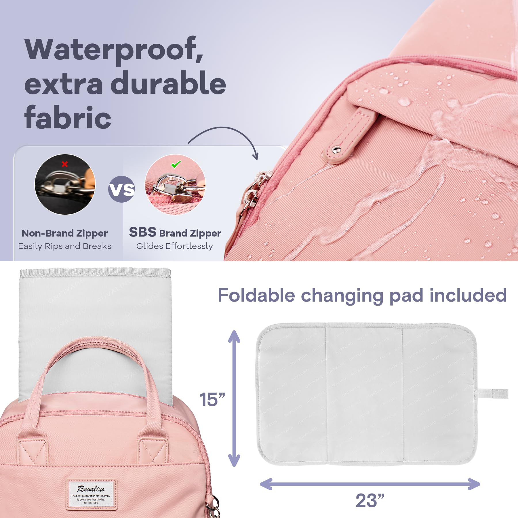 RUVALINO Diaper Bag Backpack, Multifunction Travel Pack Maternity Baby Changing Bags, Large Capacity, Waterproof, Beige