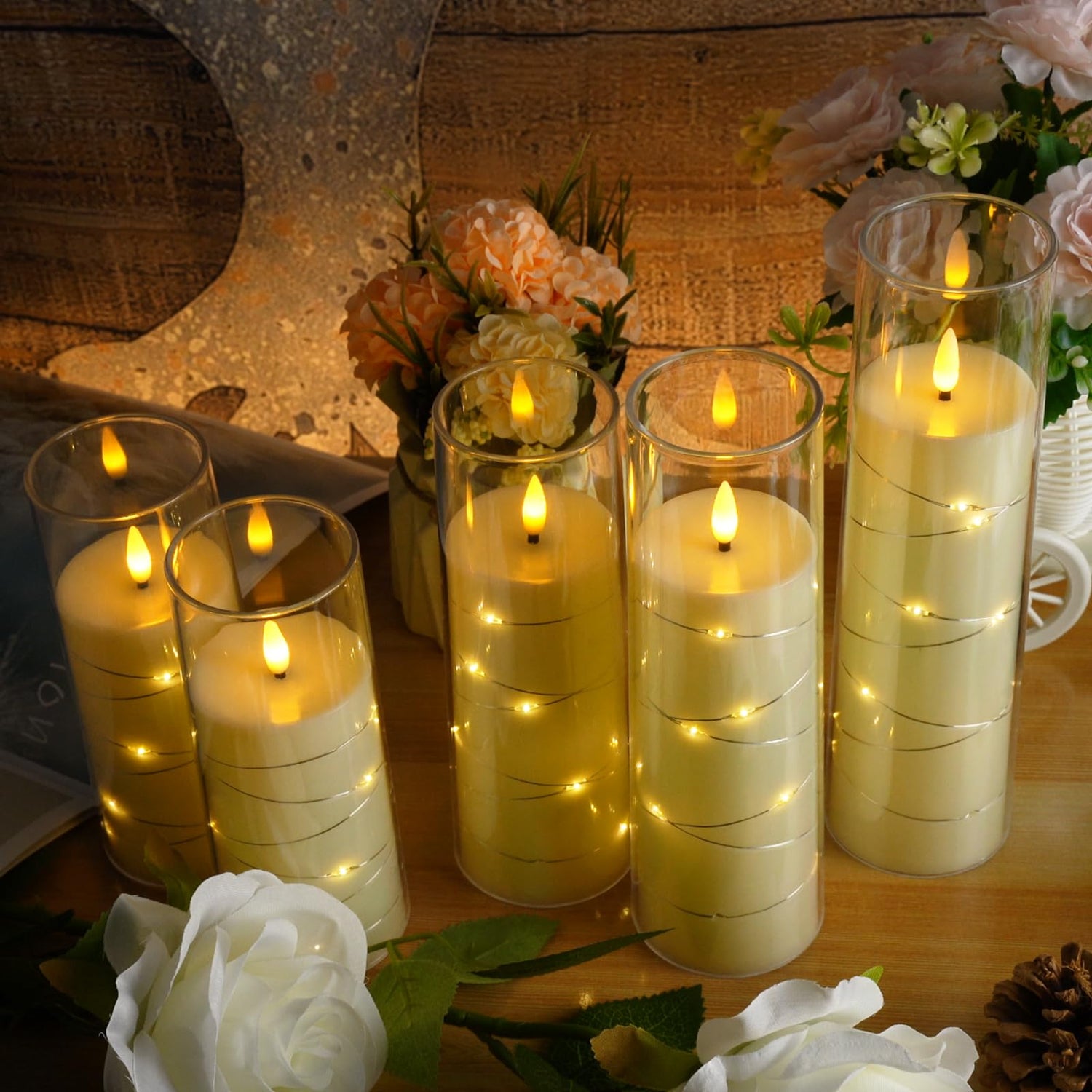 Flameless LED Candles with Timer 5 Pc Flickering Flameless Candles for Romantic Ambiance and Home Decoration Stable Acrylic Shell,with Embedded Star String，Battery Operated Candles（Grey）