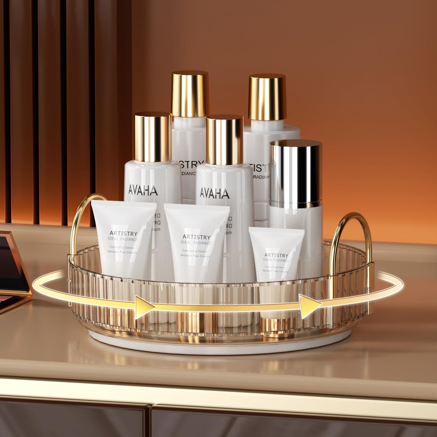 YCIA&amp;DONE 360 Rotating Makeup Organizer and Storage for Vanity Bathroom Countertop, High Capacity Cosmetic Skincare Perfume Organizer for Dresser Lazy Susan Organizers(Clear White,2 Tiers)