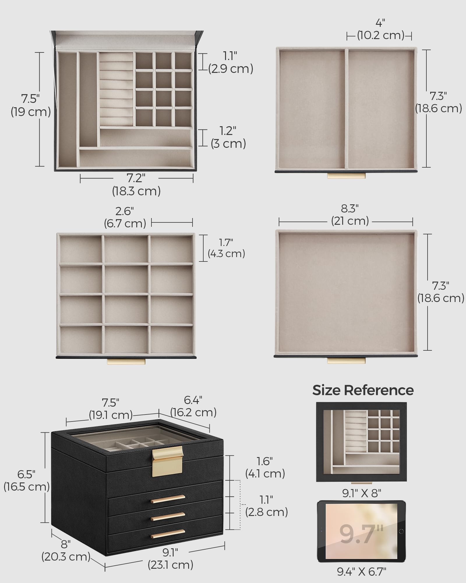 SONGMICS Jewelry Box with Glass Lid, 3-Layer Jewelry Organizer, 2 Drawers, for Big and Small Jewelry, Jewelry Storage, Modern Style, 8 x 9.1 x 5.3 Inches, Cloud White and Gold Color UJBC239WT