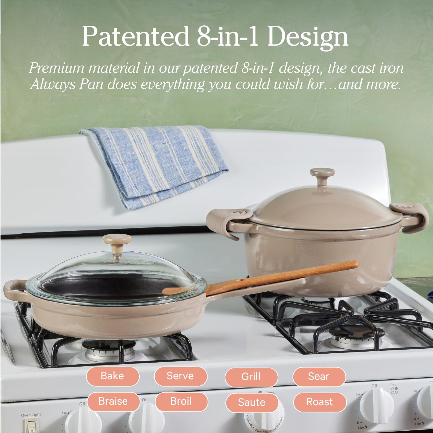 Our Place Cast Iron Always Pan | Premium Enameled, Toxin-Free Surface | 10-inch 8-in-1 Multifunctional Cookware System | Lid, Handle Covers | Heavy Duty Skillet | Oven &amp; High Heat Safe | Sage