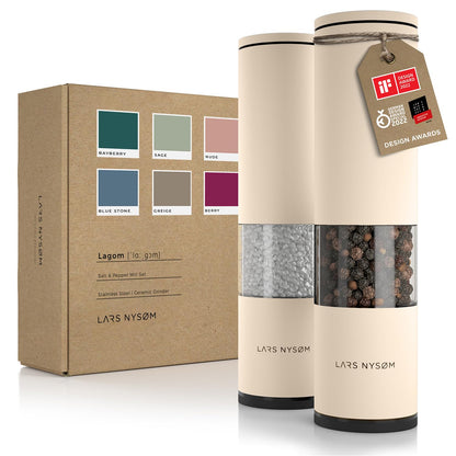 LARS NYSØM Salt and Pepper Mills Set Stainless Steel with Adjustable Ceramic Grinder 2 Pieces I Design Spice Mills Set Manual (Brown/Beige)