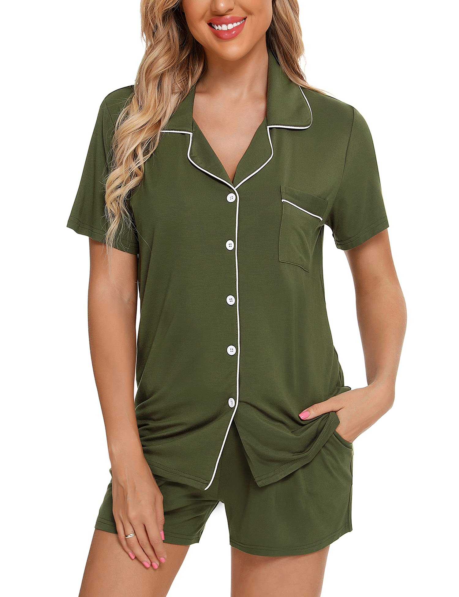 Senert Pajamas Set For Women Short Sleeve Sleepwear Soft Button Down Pjs Set Nightwear Lounge Sets S-XXL