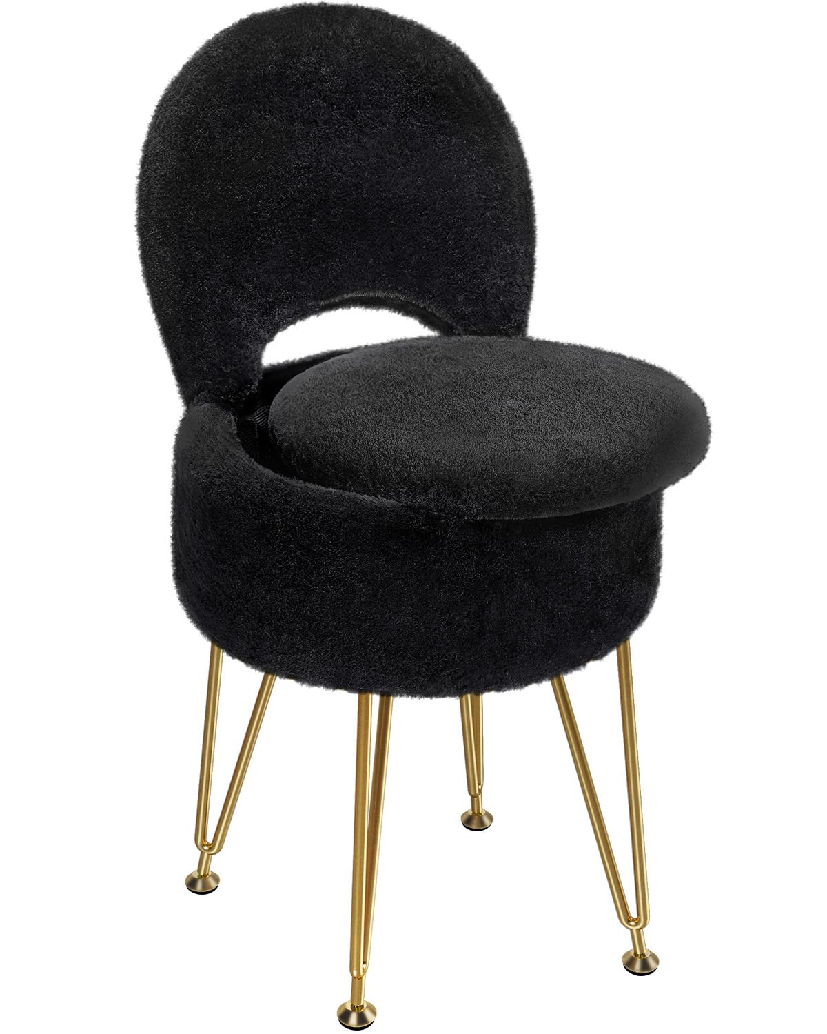 Greenstell Vanity Stool with Foldable Back, Vanity Chair with Storage, 13&quot; Dx 27.7&quot; H Faux Fur Soft Ottoman, 4 Metal Legs with Anti-Slip Feet, Small Furry Padded Seat for Makeup, Bedroom, White