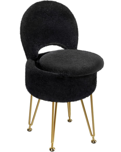 Greenstell Vanity Stool with Foldable Back, Vanity Chair with Storage, 13&quot; Dx 27.7&quot; H Faux Fur Soft Ottoman, 4 Metal Legs with Anti-Slip Feet, Small Furry Padded Seat for Makeup, Bedroom, White