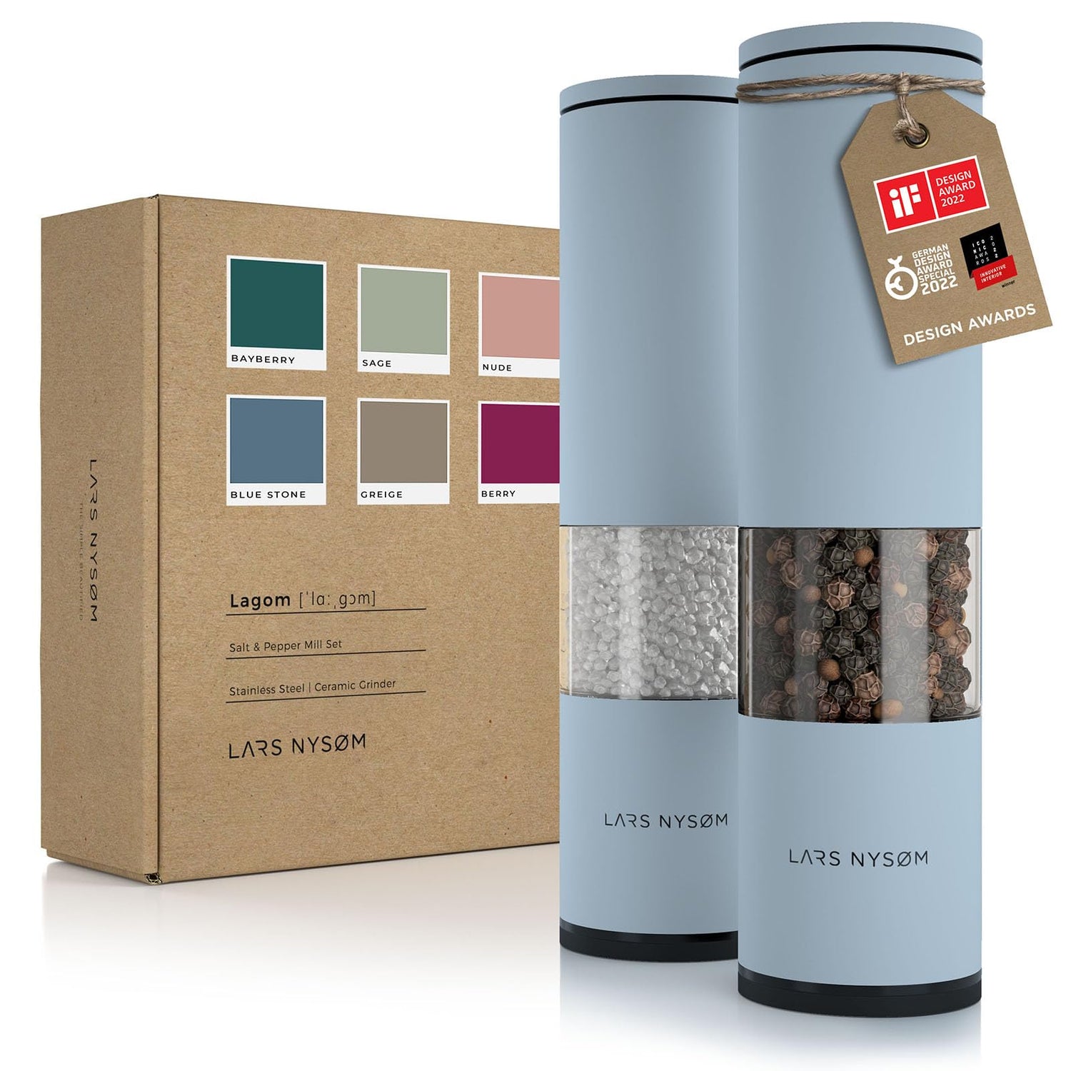 LARS NYSØM Salt and Pepper Mills Set Stainless Steel with Adjustable Ceramic Grinder 2 Pieces I Design Spice Mills Set Manual (Brown/Beige)