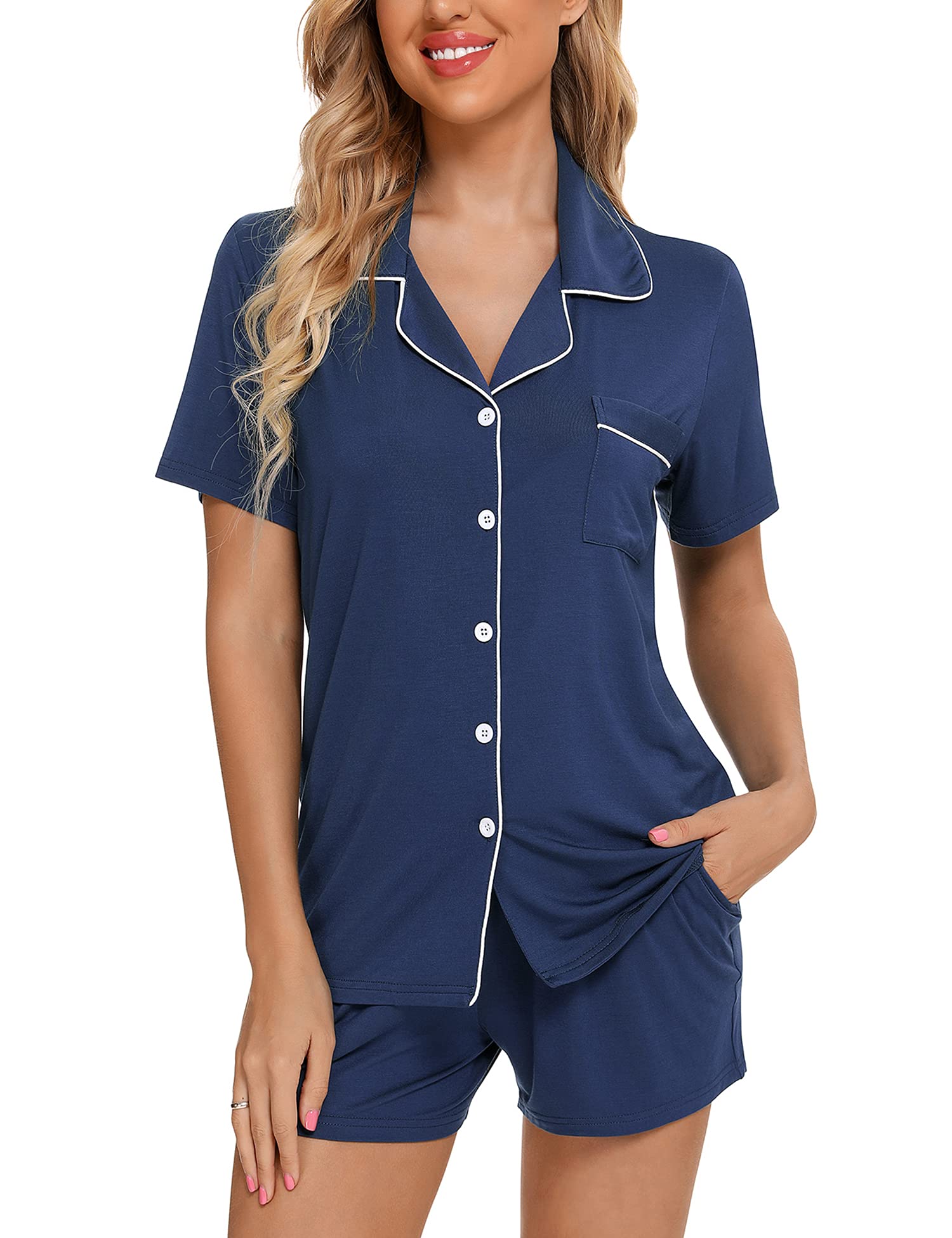 Senert Pajamas Set For Women Short Sleeve Sleepwear Soft Button Down Pjs Set Nightwear Lounge Sets S-XXL