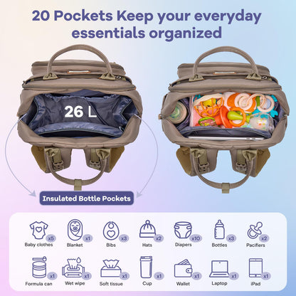 RUVALINO Diaper Bag Backpack, Multifunction Travel Pack Maternity Baby Changing Bags, Large Capacity, Waterproof, Beige
