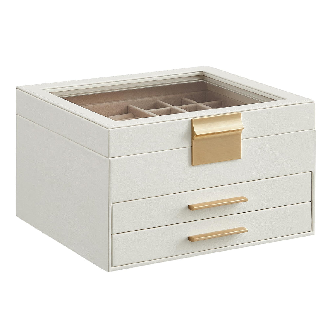 SONGMICS Jewelry Box with Glass Lid, 3-Layer Jewelry Organizer, 2 Drawers, for Big and Small Jewelry, Jewelry Storage, Modern Style, 8 x 9.1 x 5.3 Inches, Cloud White and Gold Color UJBC239WT