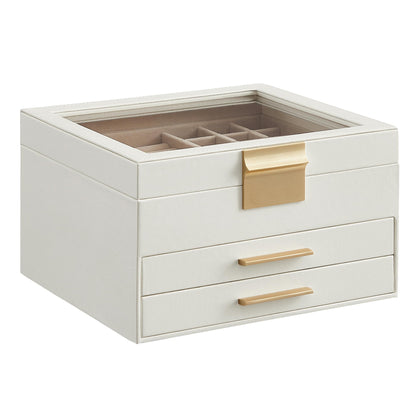 SONGMICS Jewelry Box with Glass Lid, 3-Layer Jewelry Organizer, 2 Drawers, for Big and Small Jewelry, Jewelry Storage, Modern Style, 8 x 9.1 x 5.3 Inches, Cloud White and Gold Color UJBC239WT