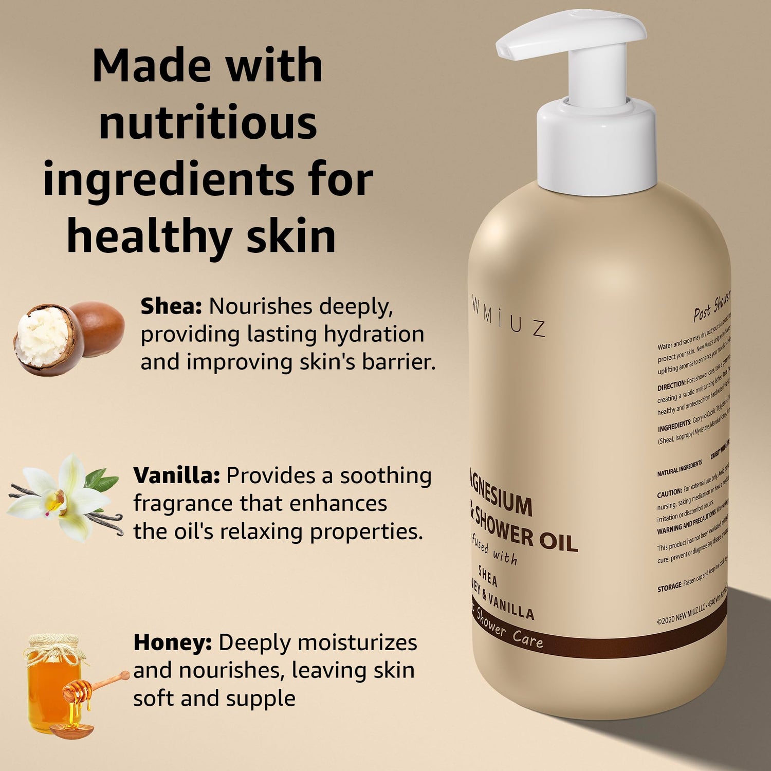 Magnesium Shower Oil Body Wash - Natural Post Shower Care for Dry Skin in Shower Cleansing &amp; Softening Moisturizing Body Legs Non Greasy Shea Honey Vanilla Spa Self Care Spa Gift
