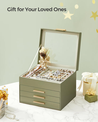 SONGMICS Jewelry Box with Glass Lid, 3-Layer Jewelry Organizer, 2 Drawers, for Big and Small Jewelry, Jewelry Storage, Modern Style, 8 x 9.1 x 5.3 Inches, Cloud White and Gold Color UJBC239WT