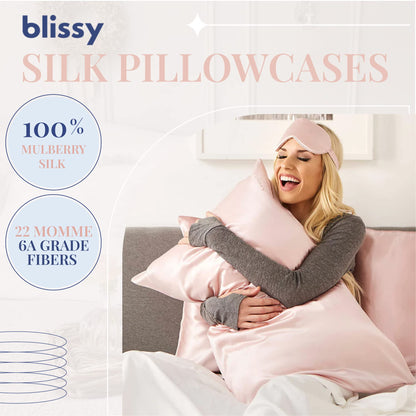 Blissy Silk Pillowcase - 100% Pure Mulberry Silk - 22 Momme 6A High-Grade Fibers - Silk Pillow Cover for Hair &amp; Skin - Regular, Queen &amp; King with Hidden Zipper (Queen, Champagne)