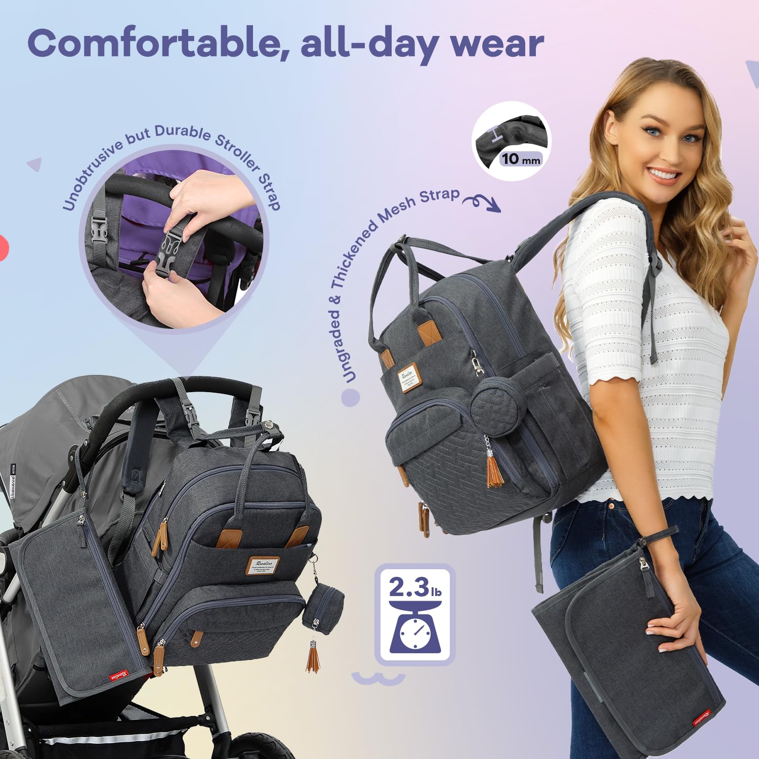 RUVALINO Diaper Bag Backpack, Multifunction Travel Pack Maternity Baby Changing Bags, Large Capacity, Waterproof, Beige