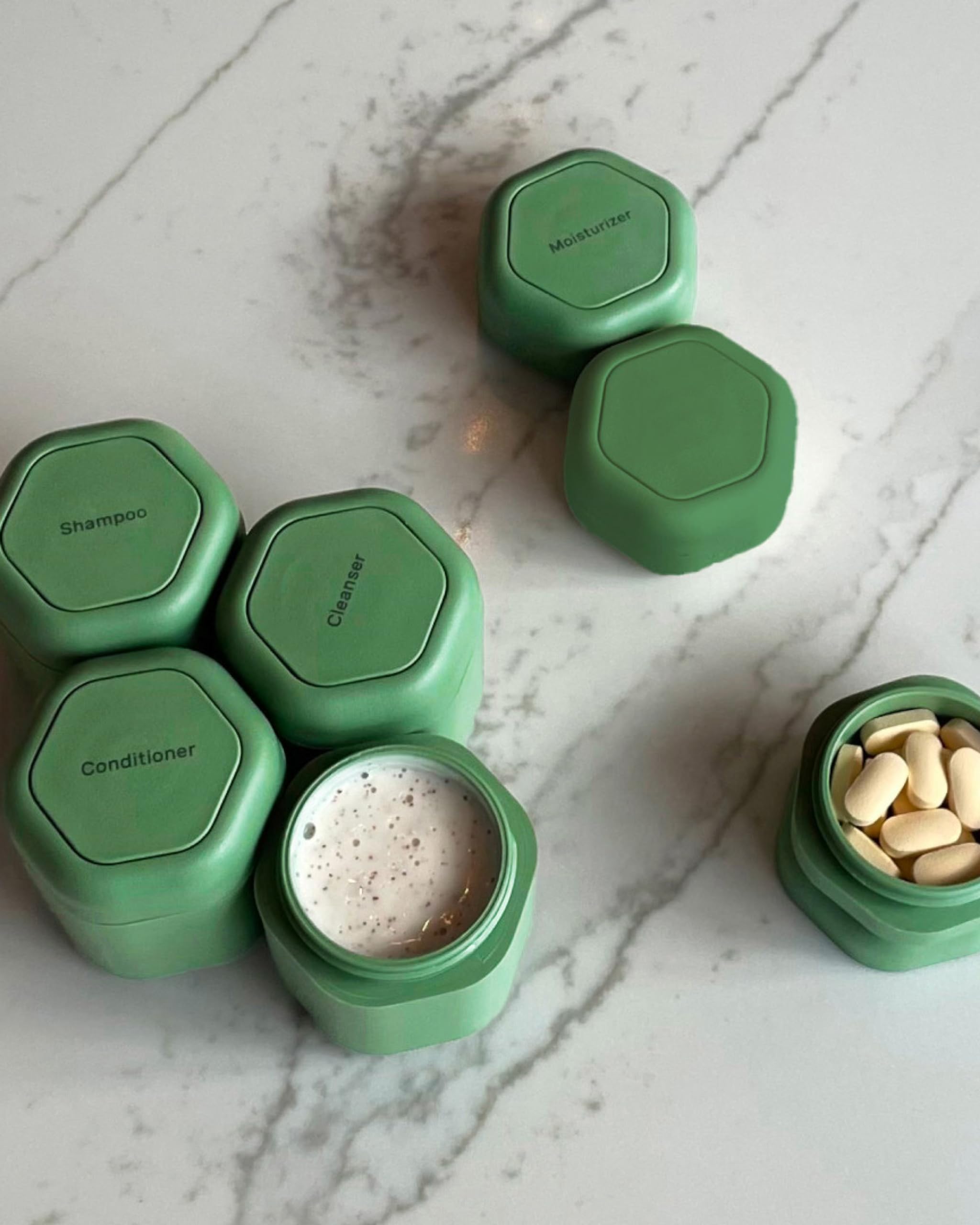 Cadence Travel Containers - Daily Routine Capsule Set - Magnetic Travel Capsules - For Shampoo, Conditioner, Body Wash, Pills, and More - 4 Flex Mediums (1.32oz) &amp; 3 Flex Smalls (0.56oz) - Sand