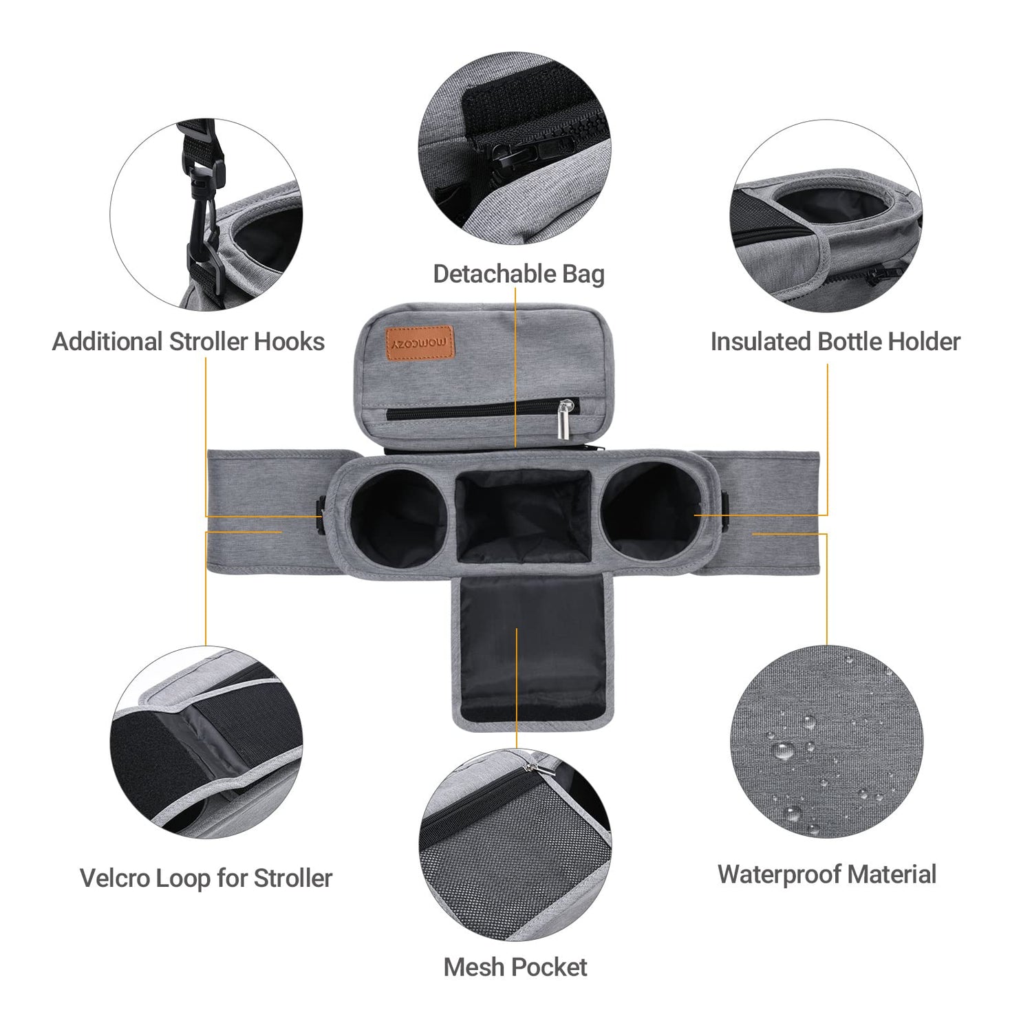 Momcozy Universal Baby Stroller Organizer, 2 Insulated Cup Holder, Detachable Zippered Pocket, Adjustable Shoulder Strap, Large capacity for baby essentials, Compact Design Fits Any Strollers