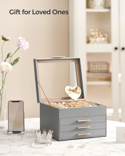 SONGMICS Jewelry Box with Glass Lid, 3-Layer Jewelry Organizer, 2 Drawers, for Big and Small Jewelry, Jewelry Storage, Modern Style, 8 x 9.1 x 5.3 Inches, Cloud White and Gold Color UJBC239WT