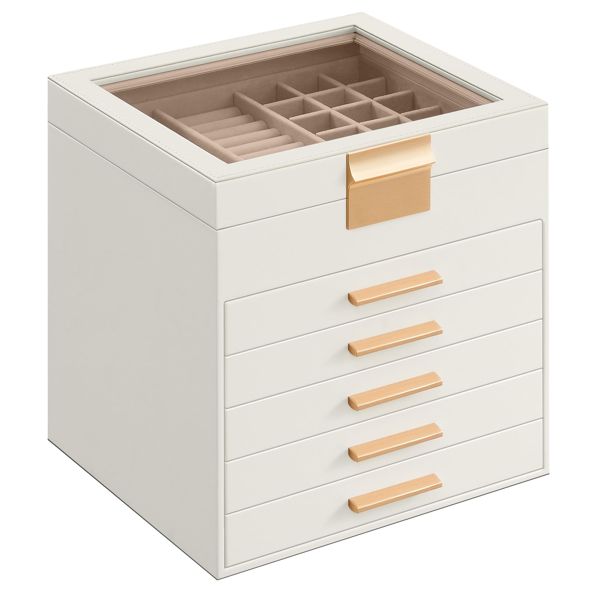 SONGMICS Jewelry Box with Glass Lid, 3-Layer Jewelry Organizer, 2 Drawers, for Big and Small Jewelry, Jewelry Storage, Modern Style, 8 x 9.1 x 5.3 Inches, Cloud White and Gold Color UJBC239WT