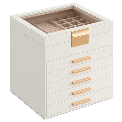 SONGMICS Jewelry Box with Glass Lid, 3-Layer Jewelry Organizer, 2 Drawers, for Big and Small Jewelry, Jewelry Storage, Modern Style, 8 x 9.1 x 5.3 Inches, Cloud White and Gold Color UJBC239WT