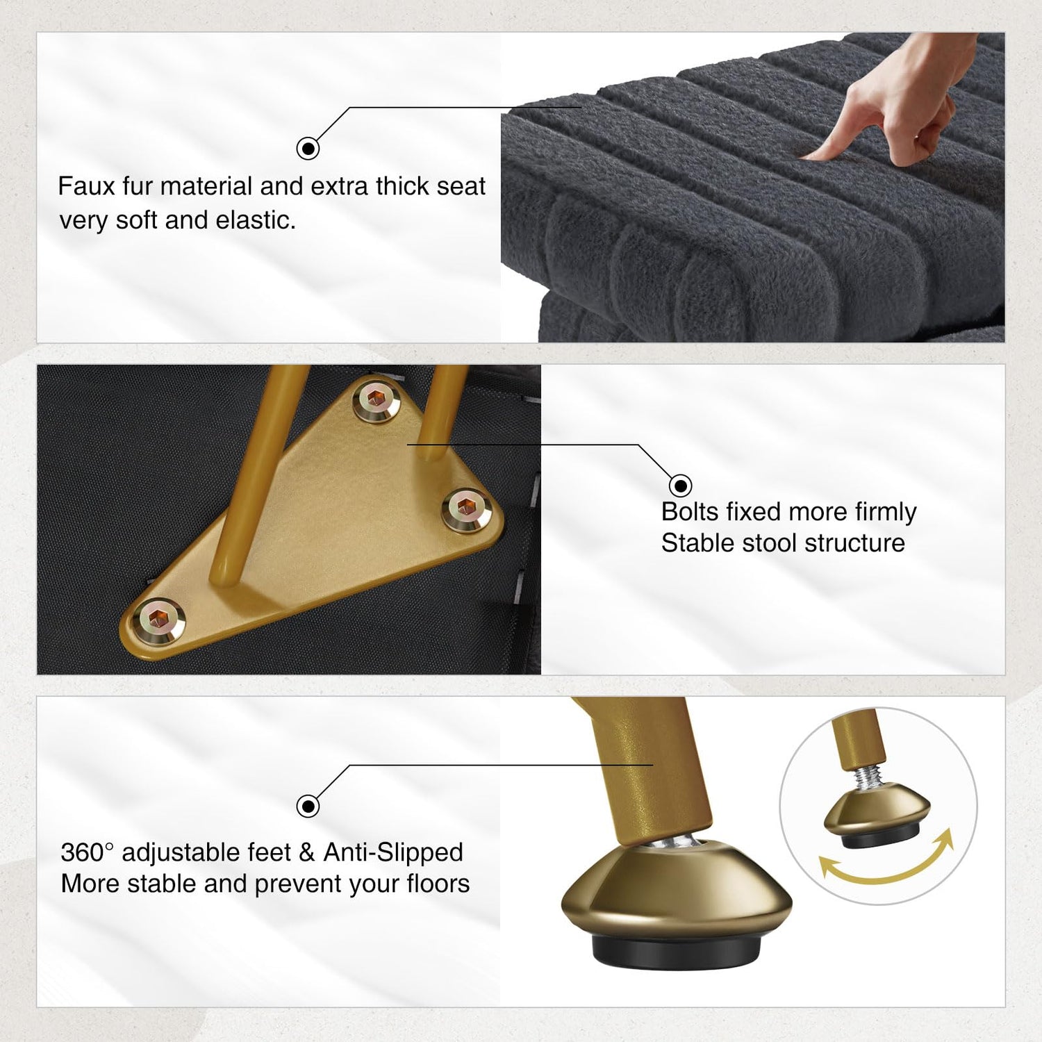 Greenstell Vanity Stool Chair Faux Fur with Storage, 19.4&quot; H x 15.7&quot; L x 11.8&quot; W Soft Ottoman 4 Metal Legs with Anti-Slip Feet, Furry Padded Seat, Modern Multifunctional Chairs for Makeup, Bedroom
