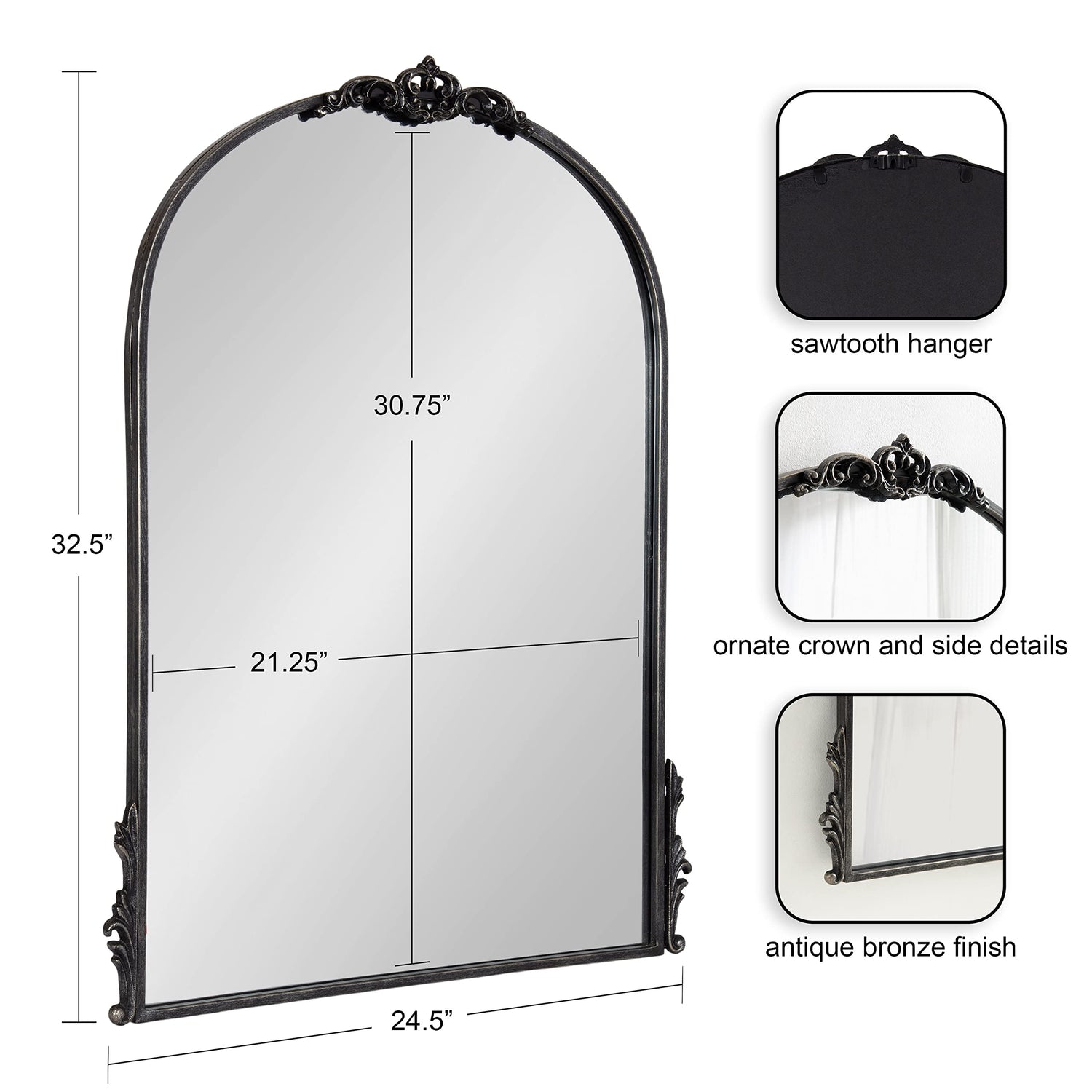 Kate and Laurel Myrcelle Traditional Arched Mirror, 25 x 33, Gold, Decorative Large Arch Mirror with Ornate Garland Detailing Along The Crown and Edges of The Frame