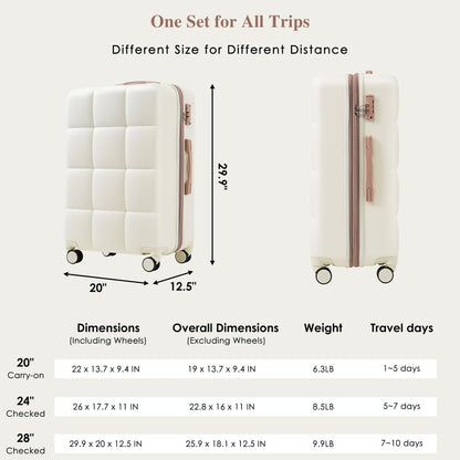 Merax 3 Pcs ABS Hardside Luggage Sets TSA Lock Spinner Wheel Suitcases, Pearly White, 20/24/28 Inch