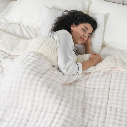 Cottonblue Weighted Blanket 15lbs Bubble Faux Fur Plush Sherpa Weighted Blankets for Adults, Fits Queen Size Bed, Cute Fuzzy Warm Heavy Blanket for Calm and Better Sleep, 60&quot;x80&quot;, Cream White