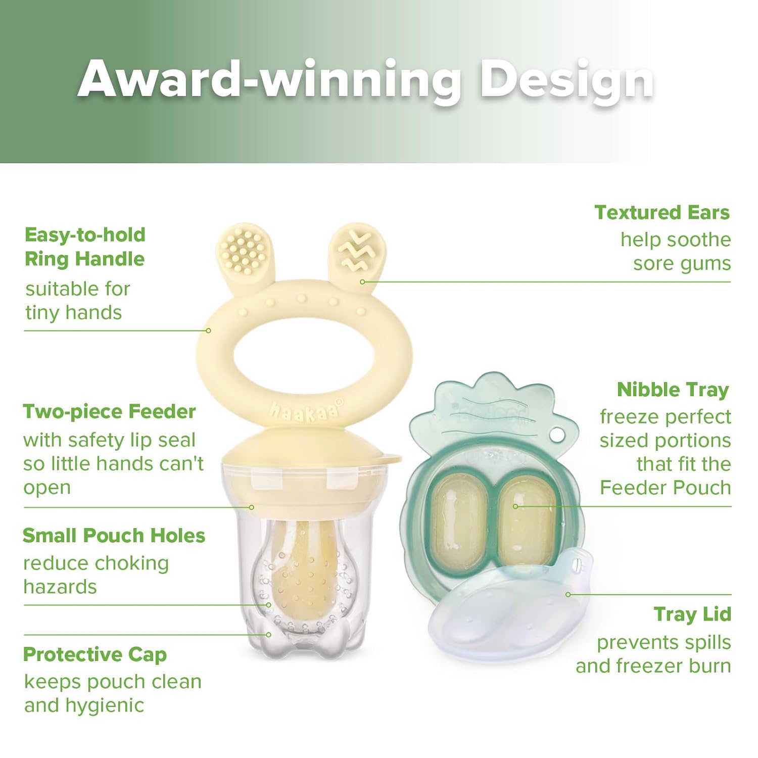 Haakaa Baby Fruit Food Feeder &amp; Mini Freezer Nibble Tray Combo, Breastmilk Popsicle Molds for Cooling Relief, BPA Free Silicone Feeder for Safe Infant Self Feeding, 4 Month+ (Pea Green)