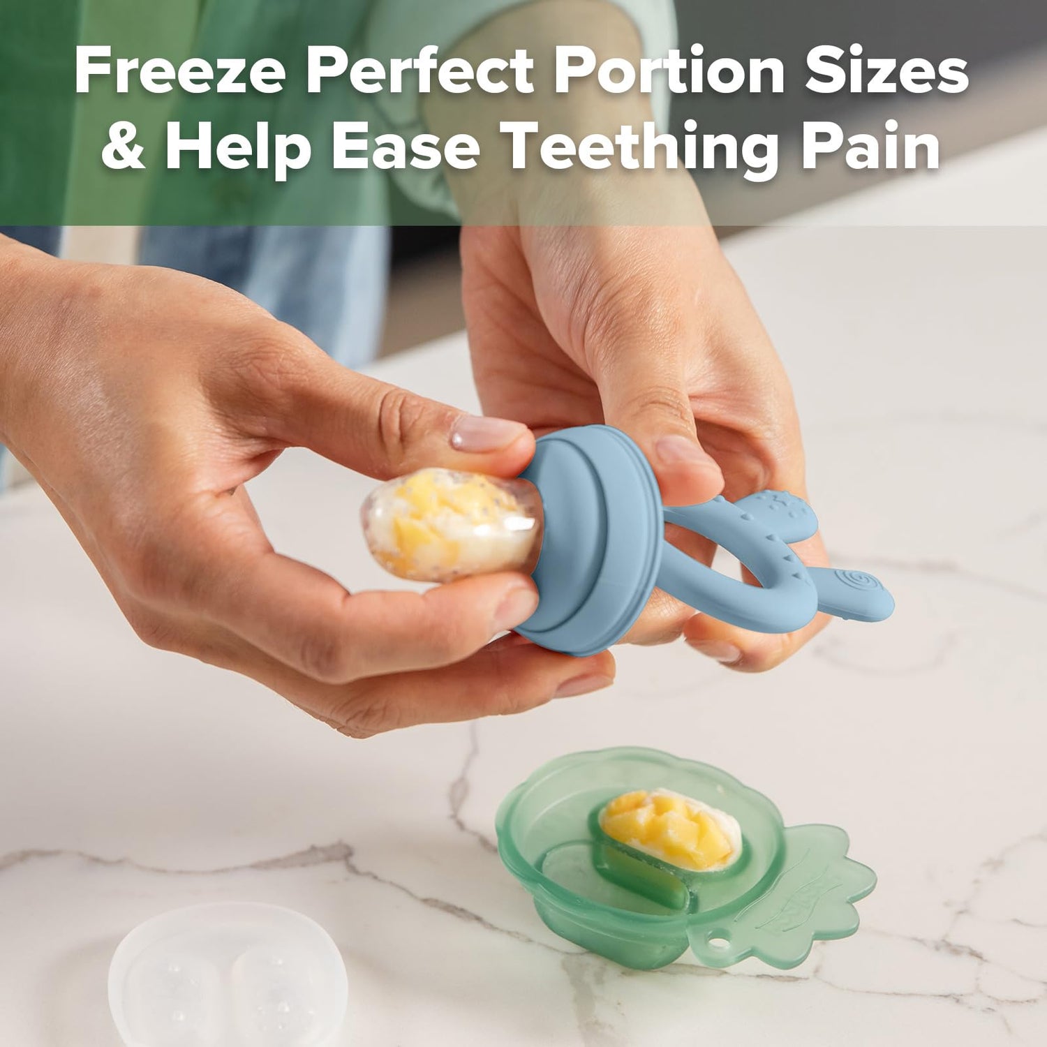Haakaa Baby Fruit Food Feeder &amp; Mini Freezer Nibble Tray Combo, Breastmilk Popsicle Molds for Cooling Relief, BPA Free Silicone Feeder for Safe Infant Self Feeding, 4 Month+ (Pea Green)