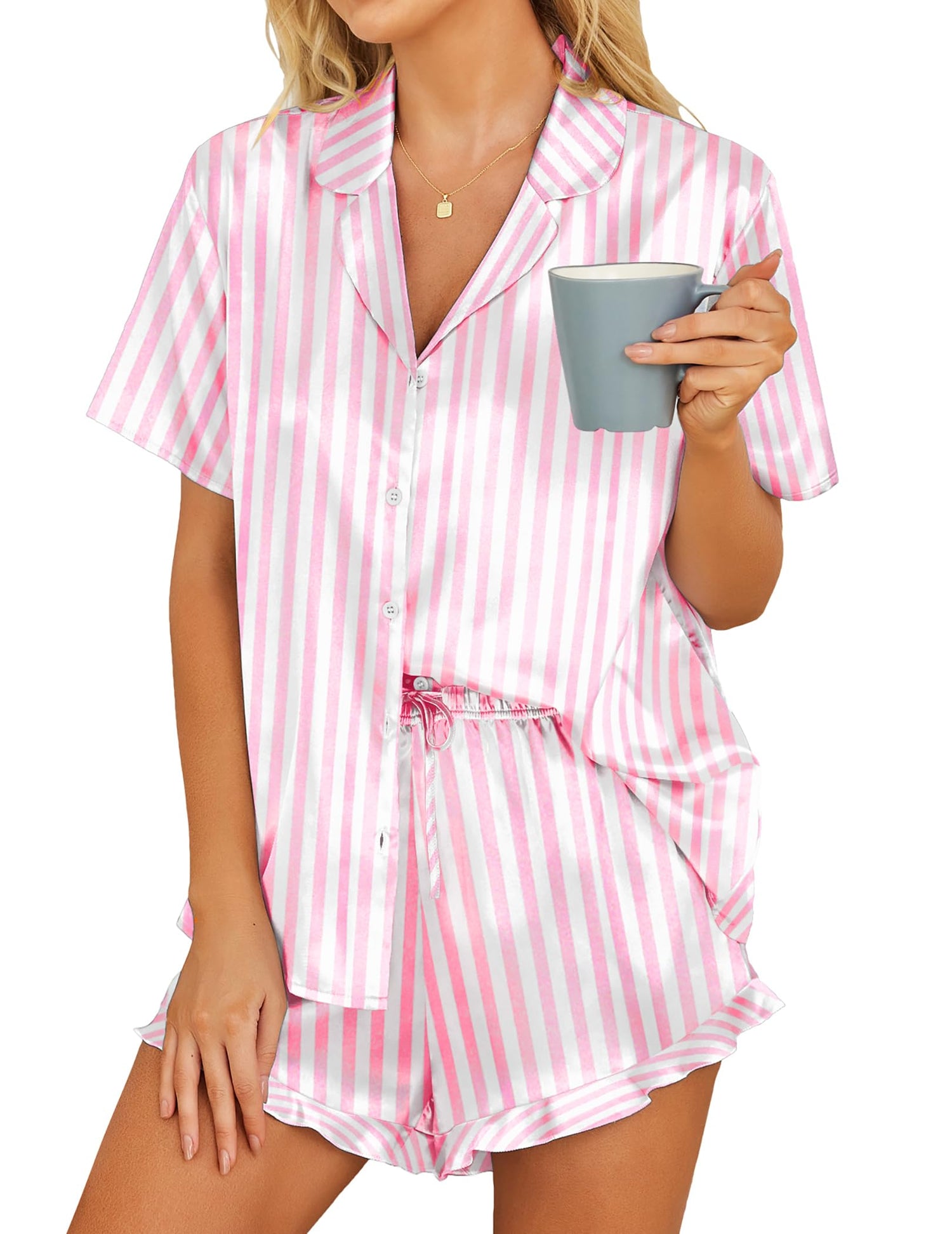 HOTOUCH Womens Satin Pajamas Set Button Down 2 Piece Silk Pjs Shorts Set Ruffle Lingerie Notch Collar Sleepwear